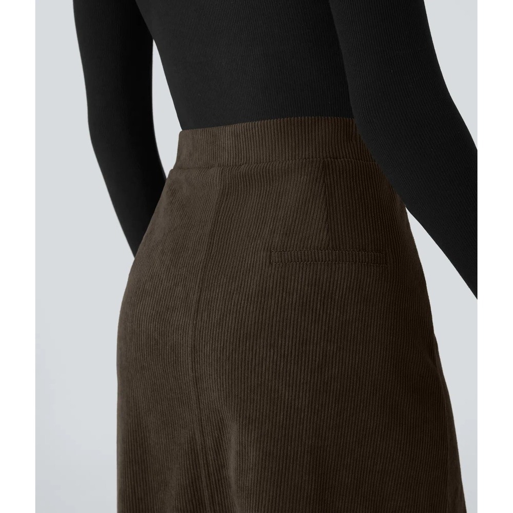 Halara nwt M chocolate brown mid rise midi corduroy skirt office work church - Picture 5 of 5